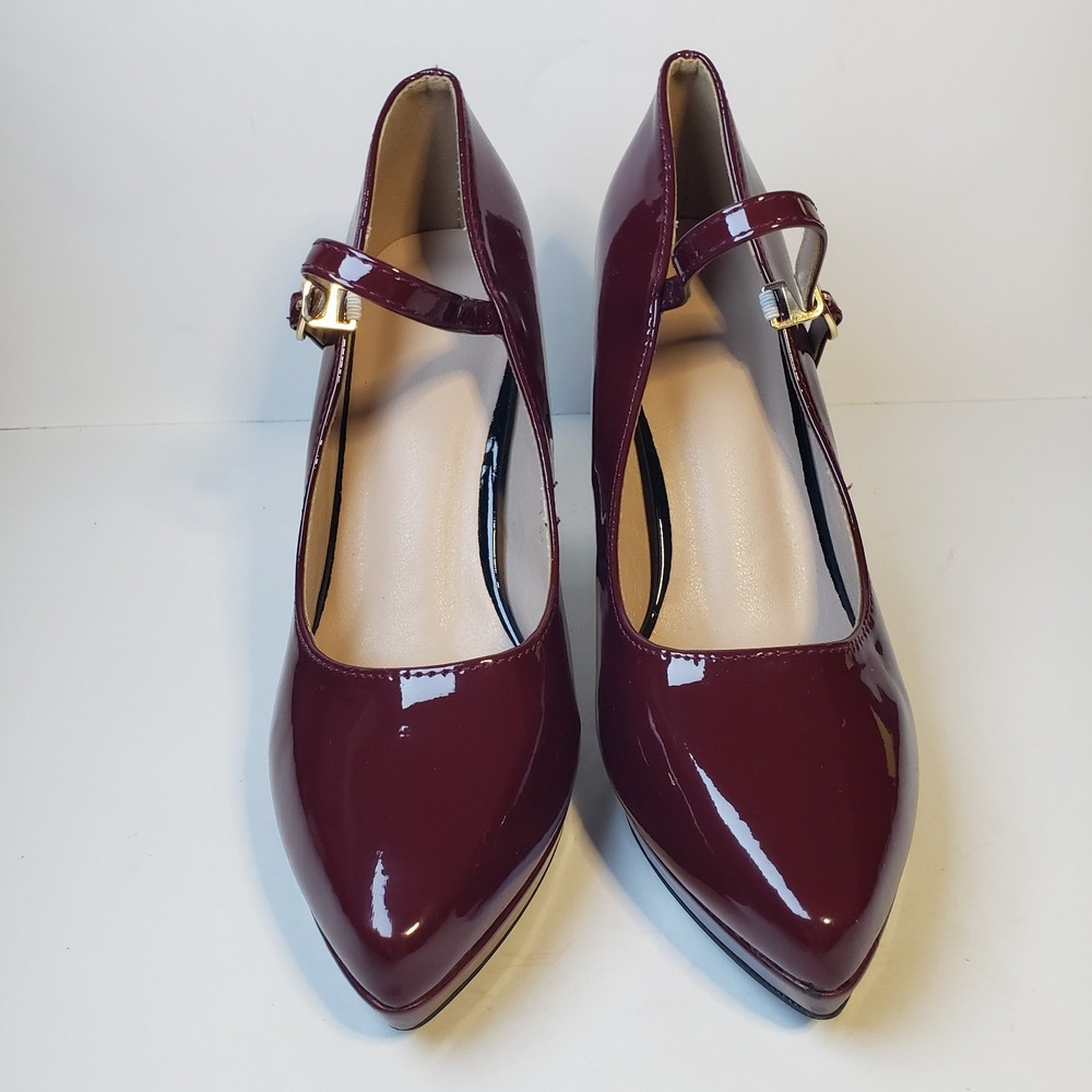 Women's Burgundy Patent Leather Mary Jane Block Heel Shoes Ankle Strap Sz 41 EU - Picture 2 of 11